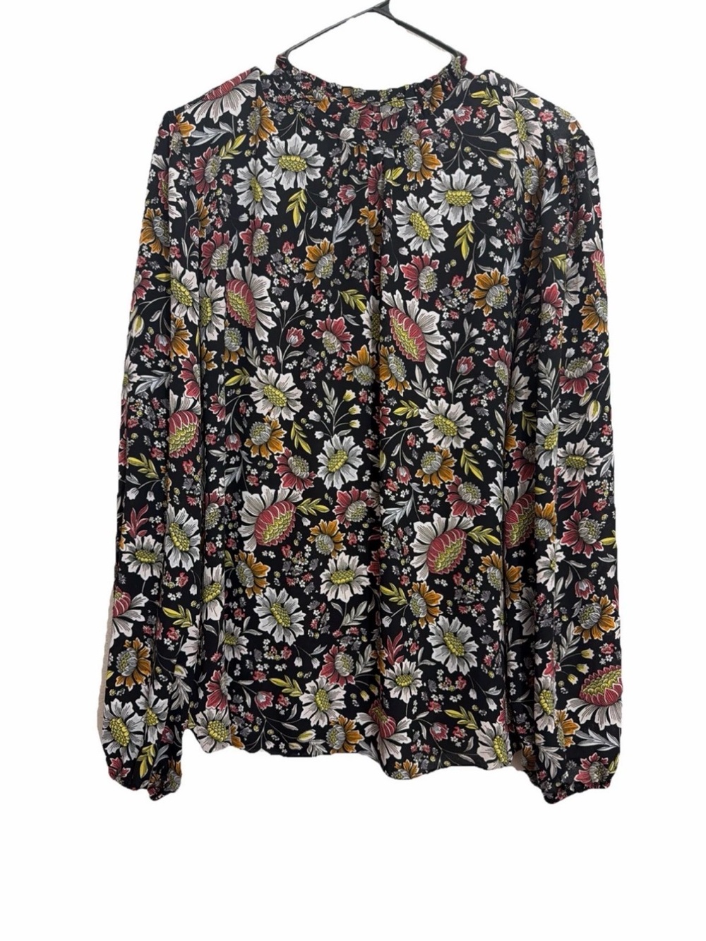 LOFT Black Floral Wildflower Smocked Mock Neck Blouse cottage core western boho